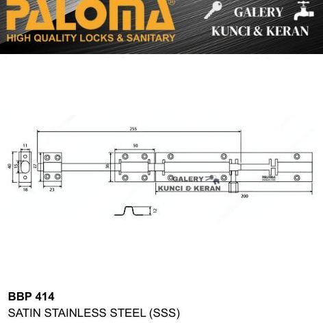 PALOMA BBP 414 Barrel Bolt Grendel Slot 12 Inch Kunci Pintu Jendela Kayu Satin Stainless Steel