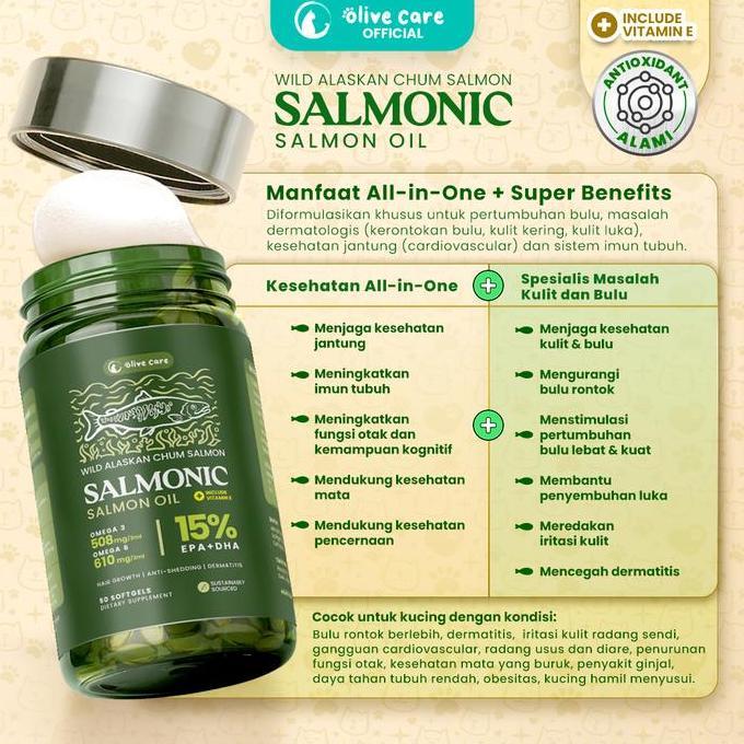 Lansungkirim- Olive Care Minyak Ikan Kucing Salmonic Murni Dan Alami Non-Gmo Tinggi Omega 3 Epa Dha 