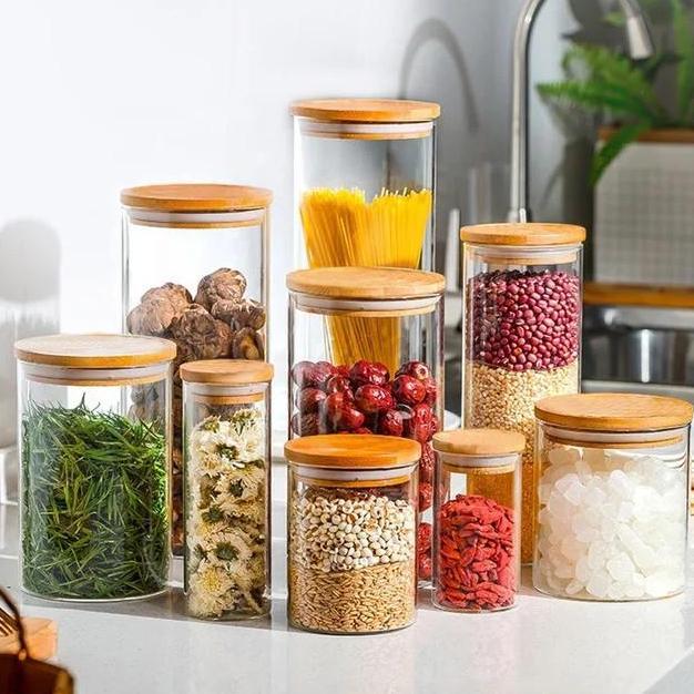 Toples kaca kedap udara tutup kayu / toples bumbu dapur makanan snack