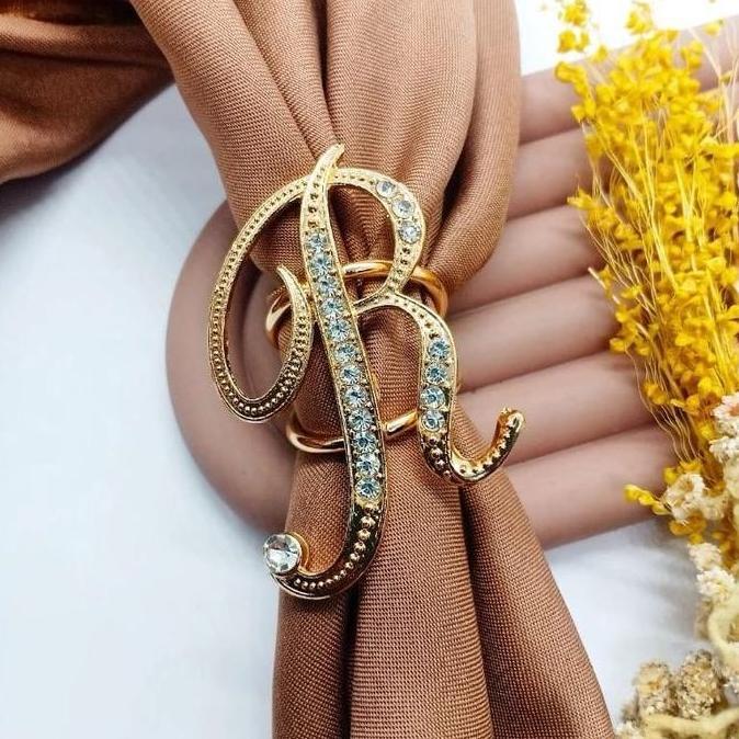 Kyuu- Ring Huruf Abjad Alfabet Inisial Emas Mewah Hijab Ring- Bros Huruf Clips Elegan