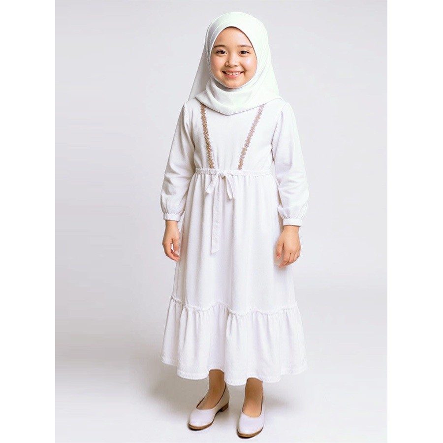 GAMIS PUTIH MANASIK HAJI MEDINA SET DRESS DAN KERUDUNG HIJAB ANAK GL FASHION