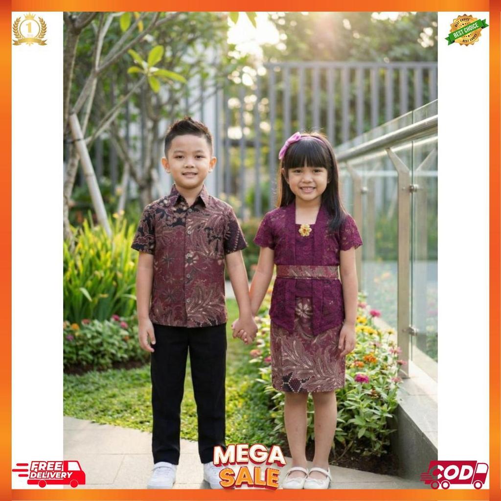 Couple Kemeja Batik Anak Laki Laki & Kebaya Brokat Bali Anak Perempuan Usia 1-9 Tahun [L7]