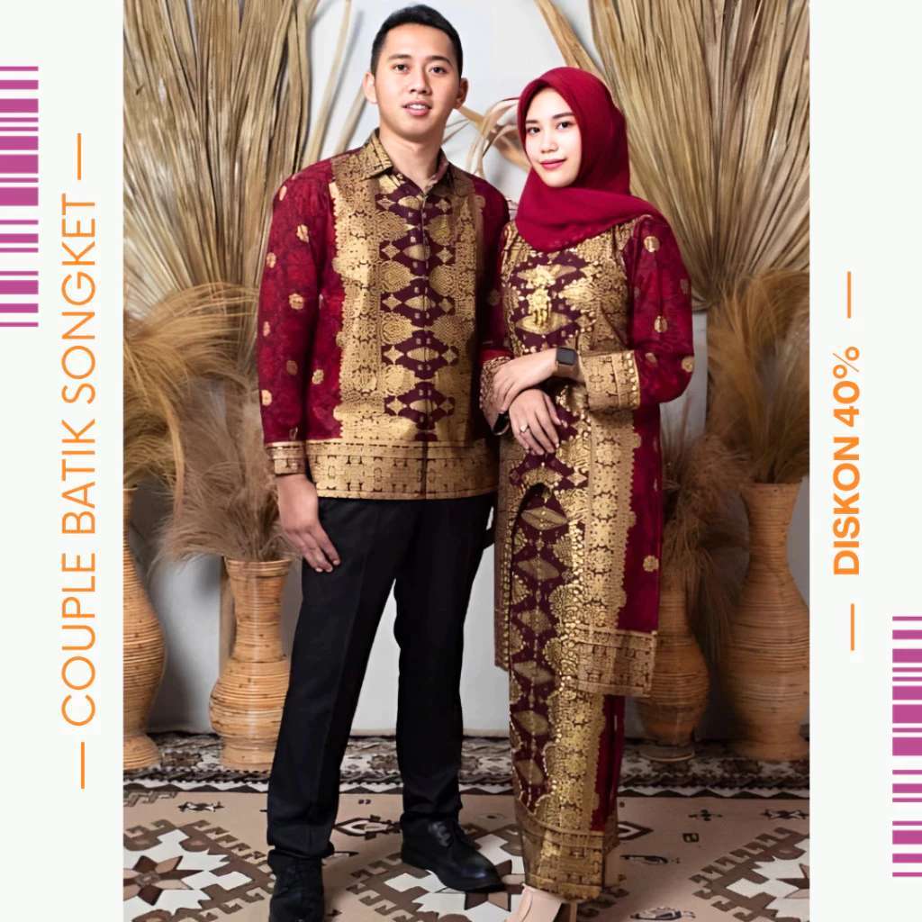 Datia Songket - Couple Set Songket Palembang Maron | Setelan Batik Pesta Kondangan Pria & Wanita