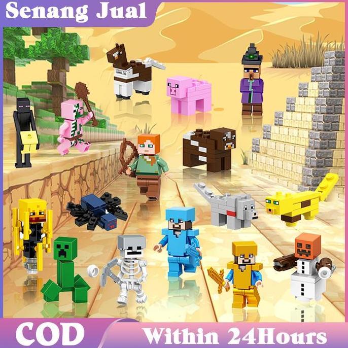 WHESTLI 1Set Minifigure Minecraft Mainan Balok Minecraft Enderman Zombie Miniatur Mine Craft Minicra