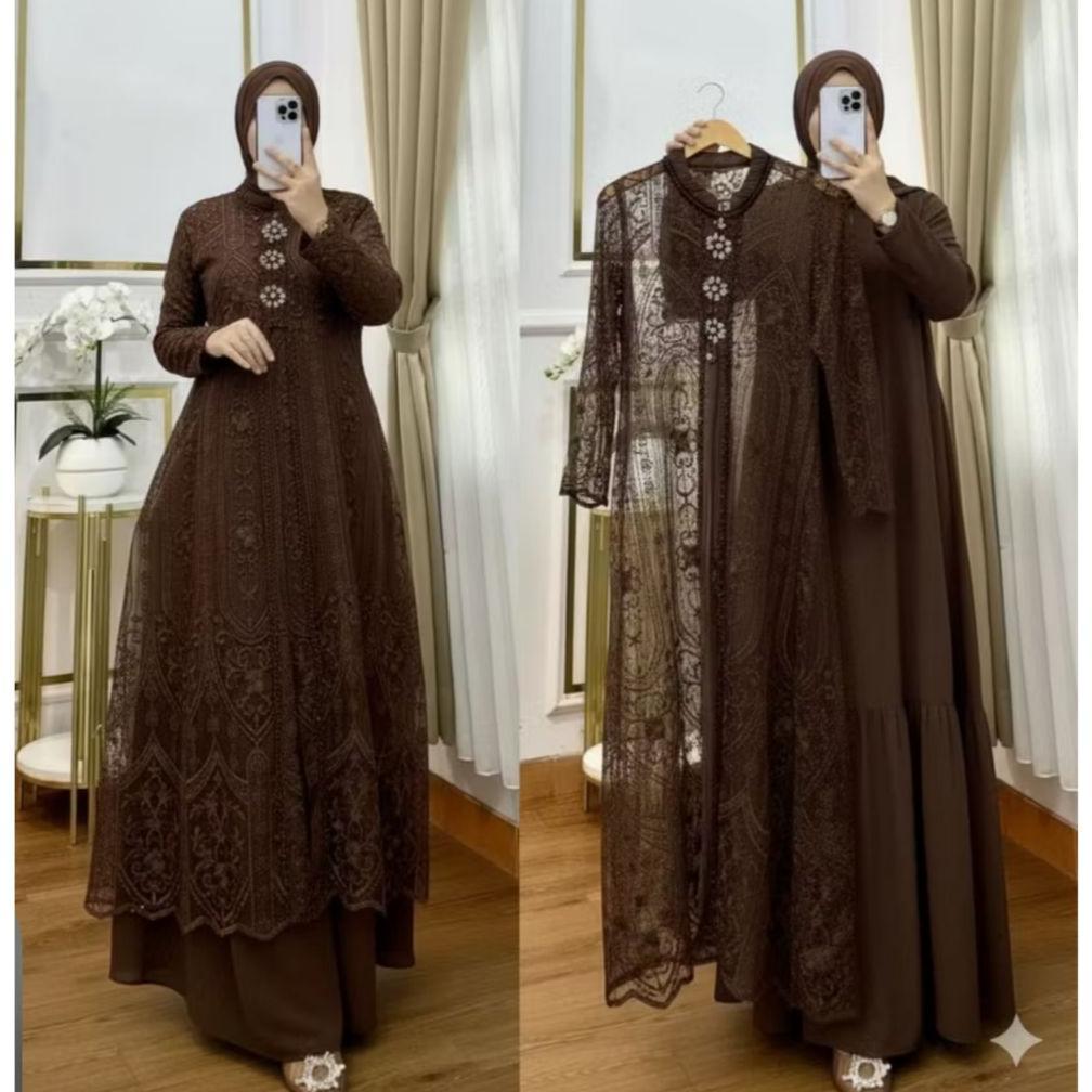 LIMITED DEAL Set Gamis Pesta Mewah 2in1 - Inner Dress Polos dan Outer Brokat Lace Tutu Premium - Kon