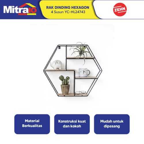 Rak Dinding Hexagon Minimalis 4 Susun Zehn YC-HL24743 Hambalan Dekorasi Dinding Besi Kayu Black