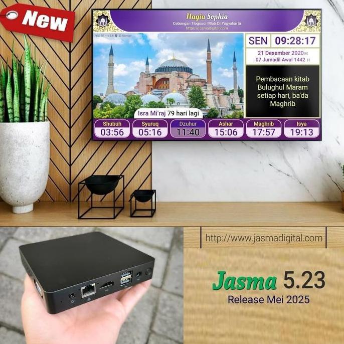 Jam masjid jasma model baru menggunakan TV + papan informasi + auto tartil