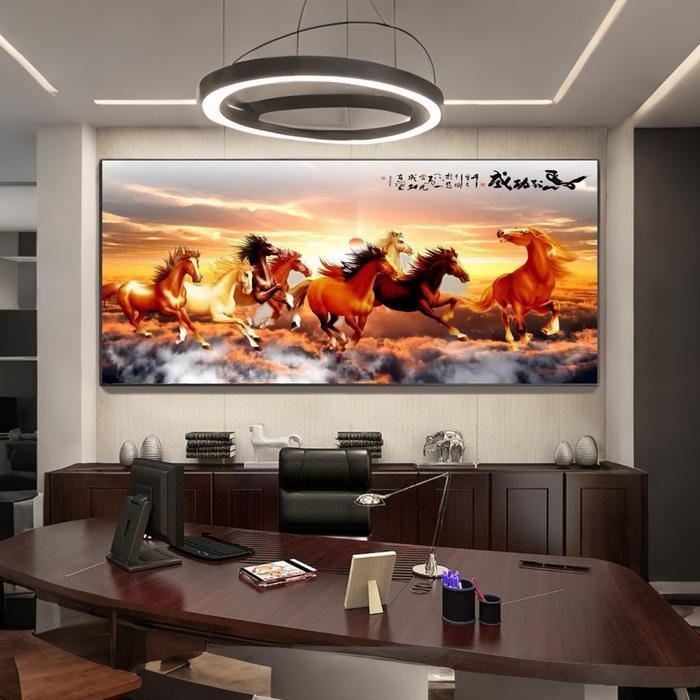 Lukisan Dinding 5D Porcelain - Motif 8 Kuda Hoki- Bingkai Aluminium Detail Diamond