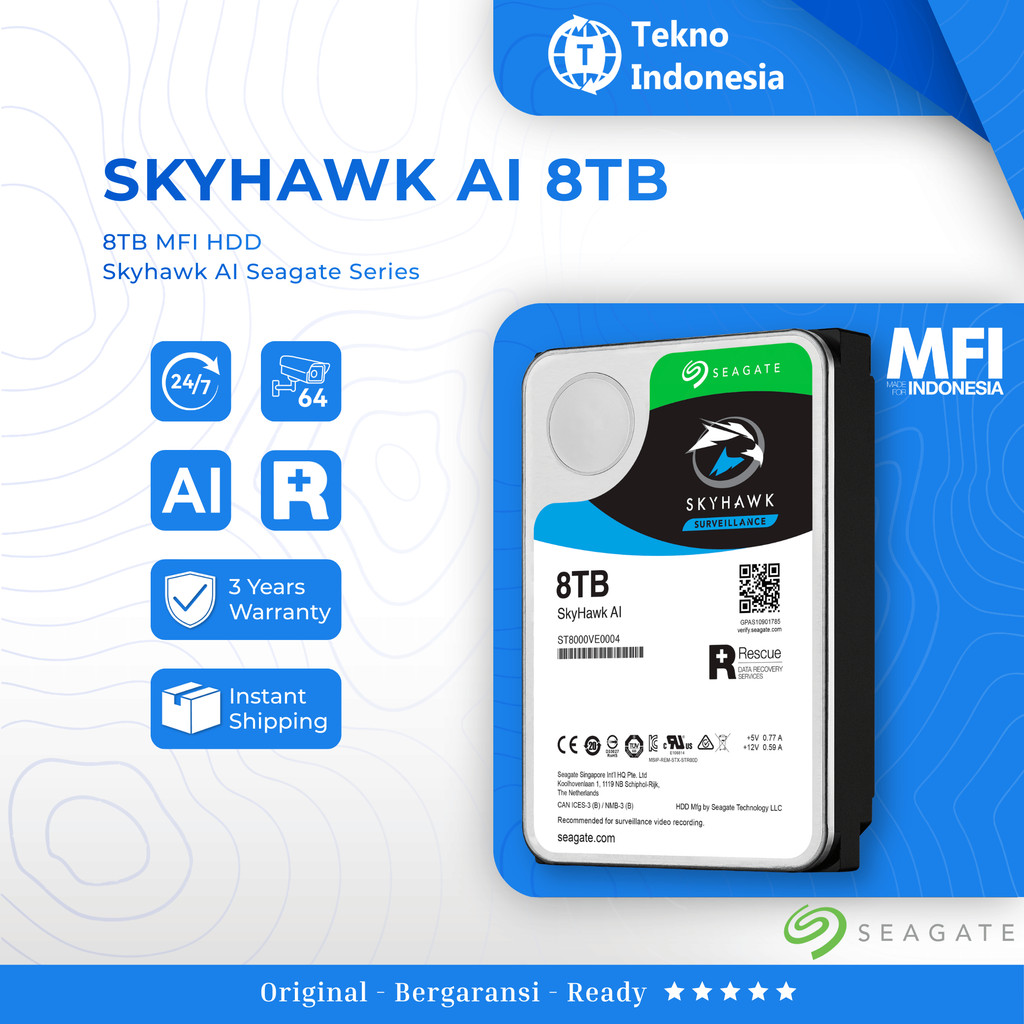 Harddisk Seagate Skyhawk MFI 8TB AI HDD 8TB AI RESMI MFI Harddisk Garansi 5 Tahun