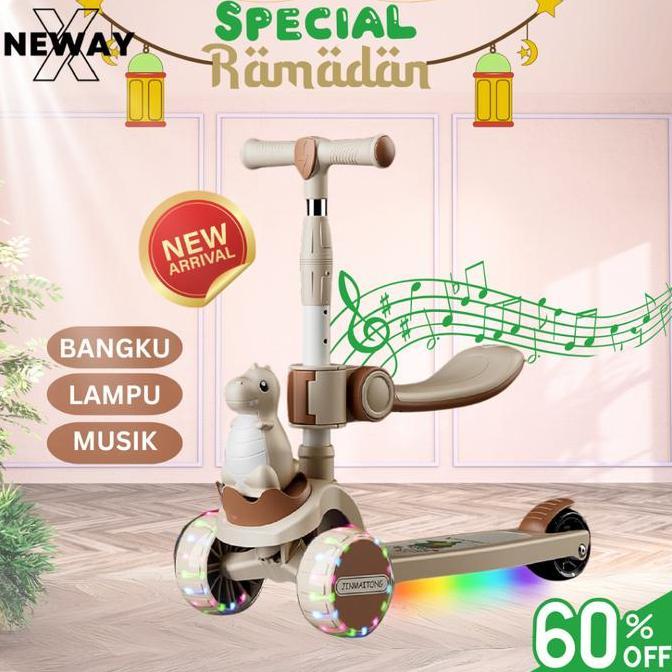 Newayx Skuter Mainan Anak Kapibara 2 In 1 Scooter Lipat 2In1 Capybara Bangku Roda Tiga Musik Lampu T