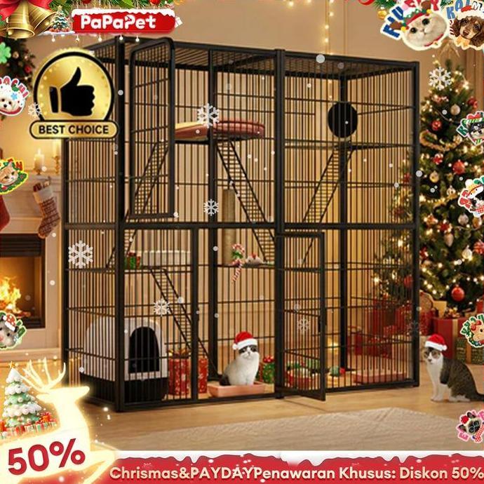 VERNIZCO Promo Natal Kandang Kucing Jumbo Premium Aluminium tenda bonus kasur pet house cats bunga p