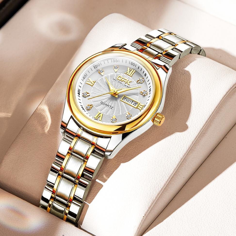 OPK Jam Tangan Wanita Anti Air Original Stainless Steel Kalender Luminous Emas Women Watch Model 810