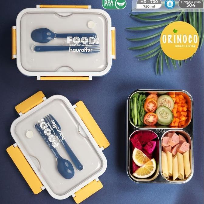 Orinoco Lunchbox Stainless 3 Sekat Anti Bocor Anti Campur with Silikon Lid 750 ML Kotak Makan dengan
