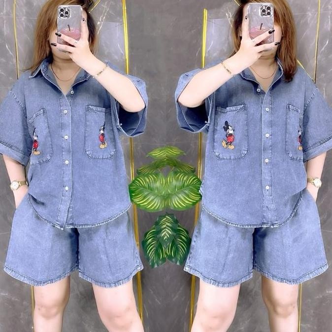 Promo 2641 Setelan Hp Kemeja Jeans Bordir Saku Mickey Ld124 Wanita|One Set Celana Pendek|Setelan Den