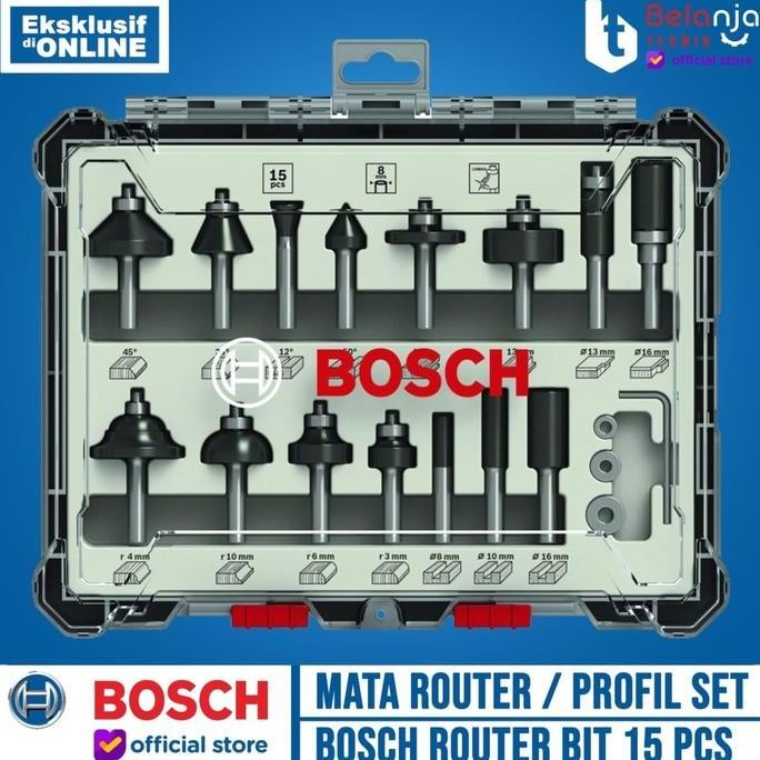 CAVERLY- Mata Profil Kayu Set 15 Pcs Bosch Wood Trimmer Router Bits Set Mix 15Pcs