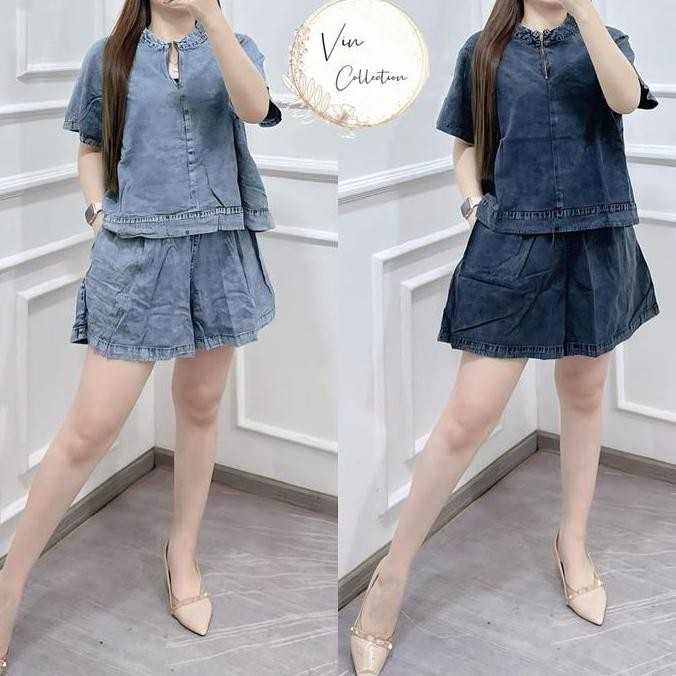 Promo 8787 Setelan Hp Jeans Resleting Ld130 Wanita|Setelan Celana Pendek Jeans|One Set Wanita Cod