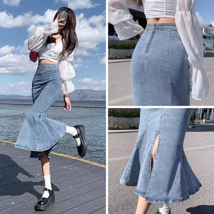 Promo Rok span jeans korean style sobek rok high waist panjiang rok jumbo size peplum skirts  Panjan
