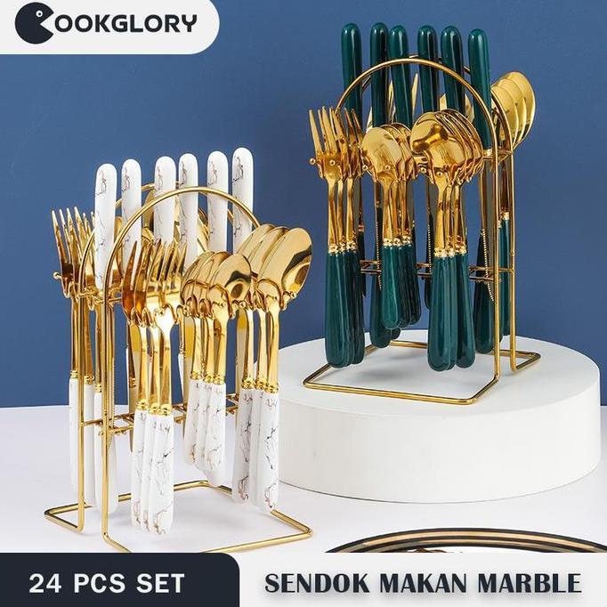COOKGLORY 24pcs Sendok Marble Set + Rak Sendok Sendok Gold Alat Makan Stainless Steel Sendok Garpu P