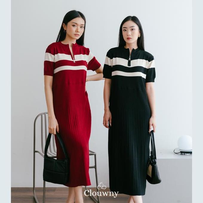 Promo Clouwny Fafa Knit Dress Rajut Wanita Zipper Dress Premium Knitt Casual Cream Maroon Panjang Li