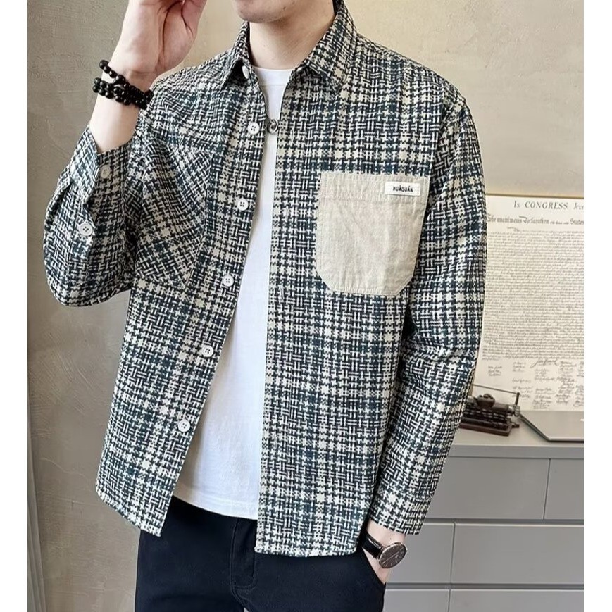 Kemeja Lengan Panjang Kotak-Kotak untuk Pria Gaya Korea Longgar Kemeja Santai Jaket