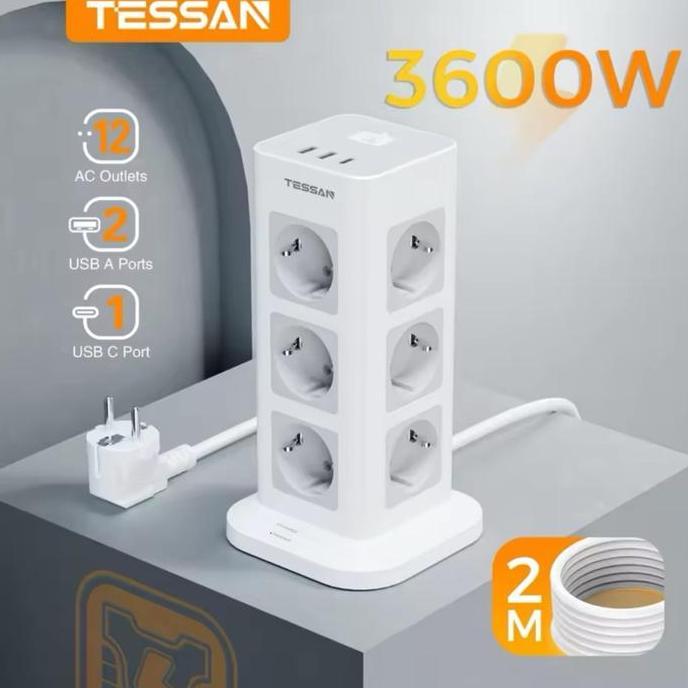 KIATO- TESSAN TS-TPS04-DE-C-GR Stop Kontak Soket Multi Outlets Power Strip 12 Lubang Outlet EU Colok