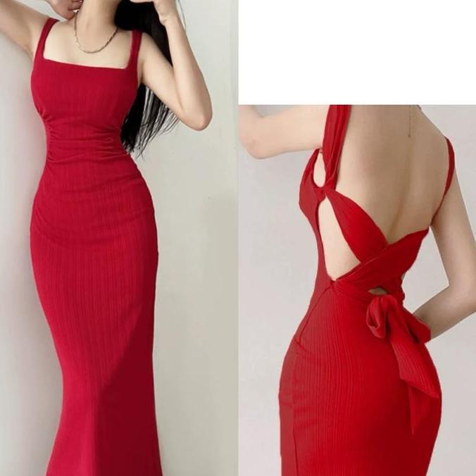 Promo 7861 baju elegant party dress gaun merah bodycon midi tanpa lengan wanita korean style pantai 