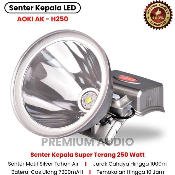 Senter Kepala Jumbo 250Watt Cahaya Putih Aoki Ak-H250 Led Tahan Air | Senter Led Cas Ulang Cahaya Pu