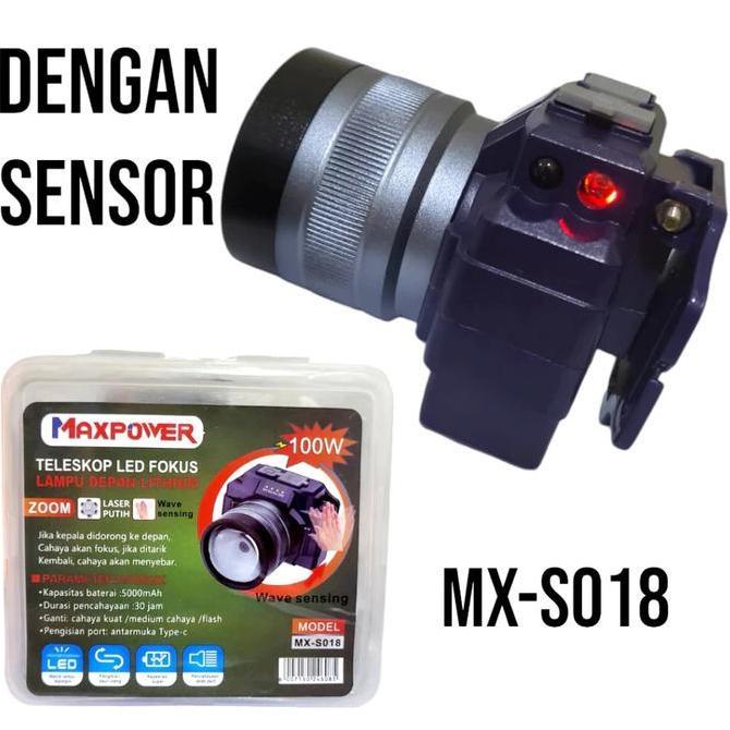 12.000 Lumens Senter Kepala Lensa Zoom 100Watt Maxpower Mx-S018 Baterai 5000Mah Dengan Fitur Sensor 