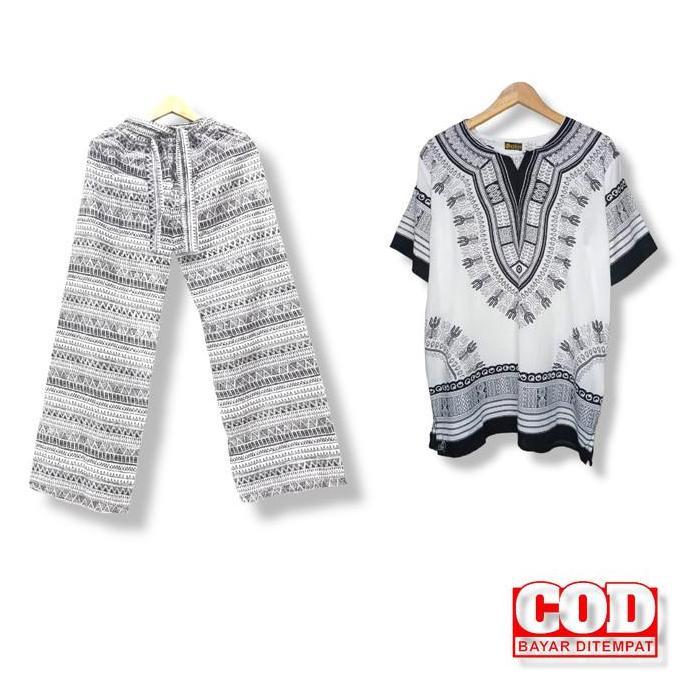 DT12 >> Setelan celana panjang dashiki putih hitam jumbo/ setelan celana panjang pria wanita/ setela