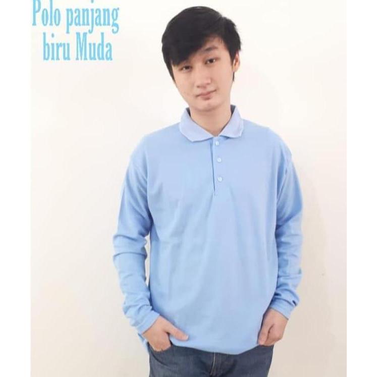 DF7 }} Kaos Kerah polos Lengan panjang warna biru muda - polo panjang polos biru muda