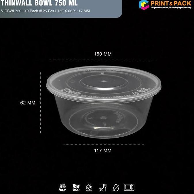 Thinwall Bowl 750ml + TUTUP isi 25 pcs / Mangkok Bulat Plastik Murah