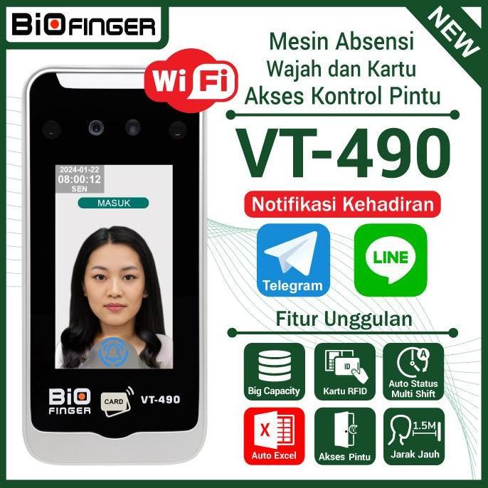 TERBARU Fingerprint Free Notif Telegram/LINE Absensi Wajah Kartu BioFinger VT-490 USB Flash WiFi LAN