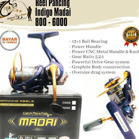 TERBARU - Reel Pancing Indigo Madai 2000-6000 (13+1 Bearing) Power Handle Murah - Toms Fishing