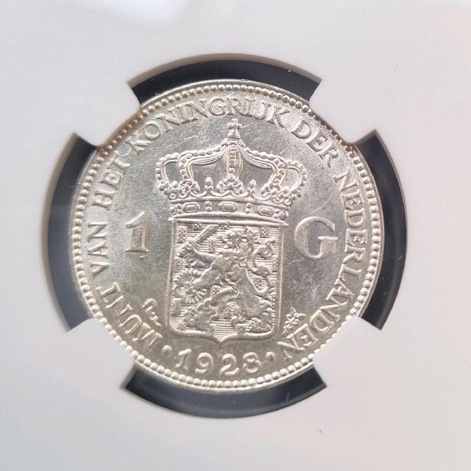 Koin NGC Silver Netherlands Indies 1 Gulden 1928 AUNC AU55 Keydate SMR