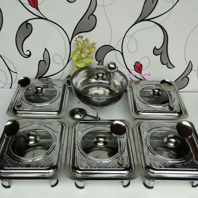 PROMO Tempat Makan Prasmanan set tutup full kaca atau batik bahan stainless isi 5 kotak + 1 bulat me
