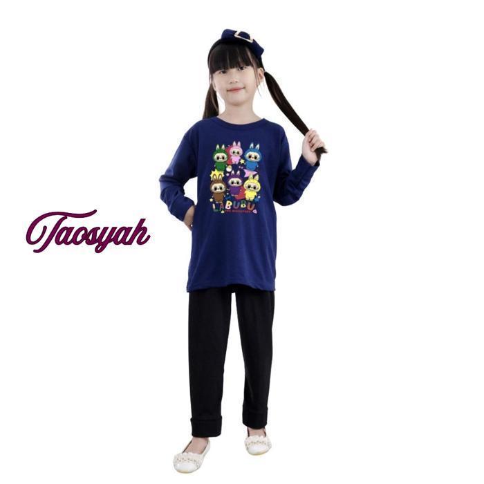 ede-78 Bisa COD Setelan tunik muslimah anak perempuan motif monster labubu untuk usia 3-11 tahun Ter