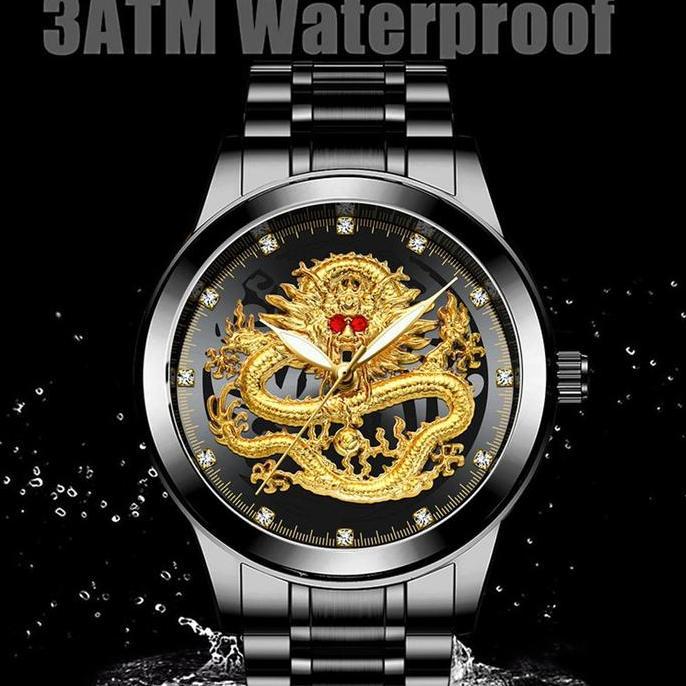 DF12 >> [BAYAR DIRUMAH] Jam Tangan Pria Import Full Diamond Desain Naga Motif Timbul 3D Rantai Stain