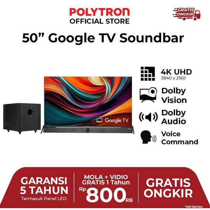 POLYTRON 4K UHD SMART CINEMAX SOUNDBAR  GOOGLE TV 50 INCH PLD 50BUG5058 ORIGINAL DAN TERPERCAYA