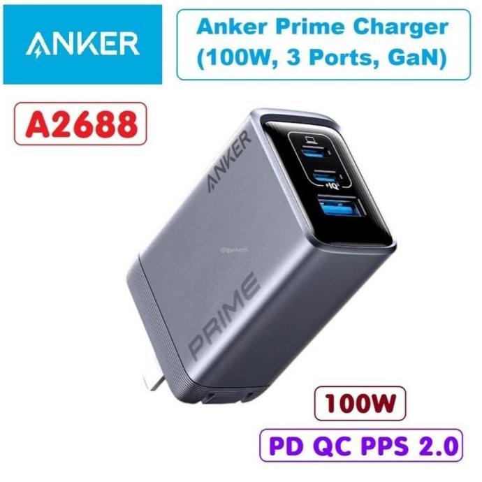 NEW ANKER A2688 - Anker Prime Charger 100W 3-Ports GaN Technology - Ultra-Fast Charging