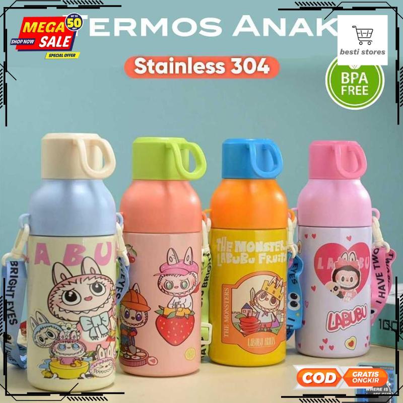 Promo // Botol Tempat Air Minum Stainless 304 600ml/ Tumbler Anak Sekolah Tali Panjang + Box - 2025 