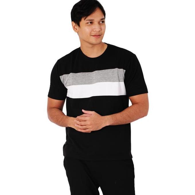 POSHBOY Kaos Lengan Pendek Pria Warna Hitam Furano T-Shirt Motif Garis Ori