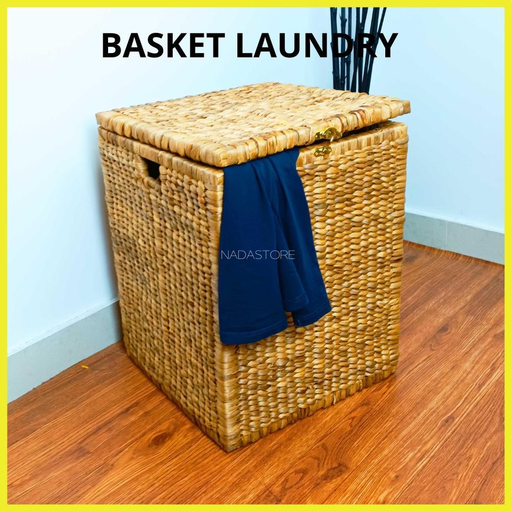 KAJ - Keranjang Laundry Anyaman / Keranjang Baju Kotor Dengan Tutup  Serbaguna Anyaman Enceng Asli K