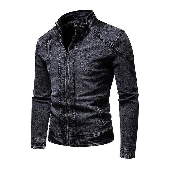 DF157>> Jaket jeans jaket denim pria krah tinggi resleting biker hitam atasan pria distro keren kasu