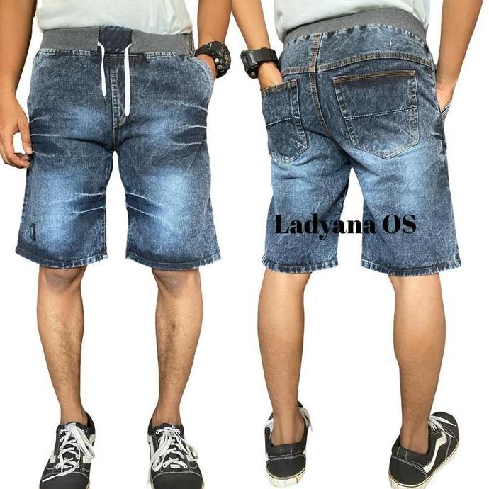 DF345>> Celana Pendek Jeans Pria Dewasa Ringkel Tali Kolor Pinggang Karet Atas Lutut Dengkul Warna S