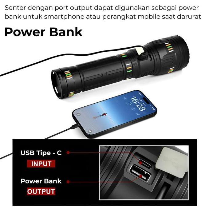 H2S Senter Hs-G600 Super Terang Jumbo Type-C Zoom Waterproof Powerbank