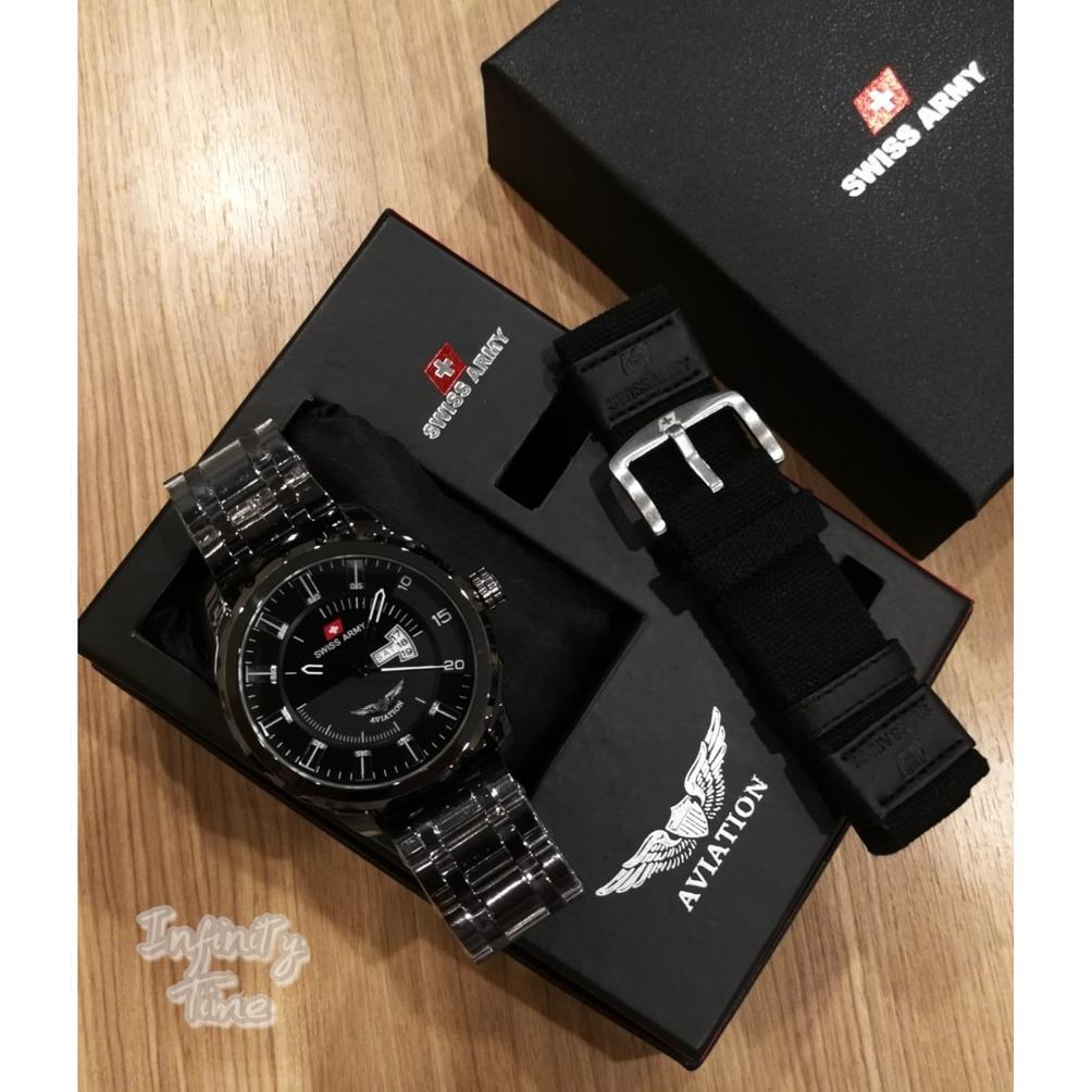 Jam Tangan Pria Cowok Swiss Aviation Rantai Stainless Free Strap Kanvas ( Warna Strap Random ) Jam t