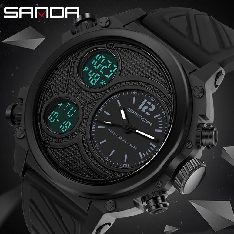 SANDA 3002 Jam Tangan Pria Bermerek Mewah Fashion Multifungsi Tampilan Ganda Olahraga Tahan Air Digi