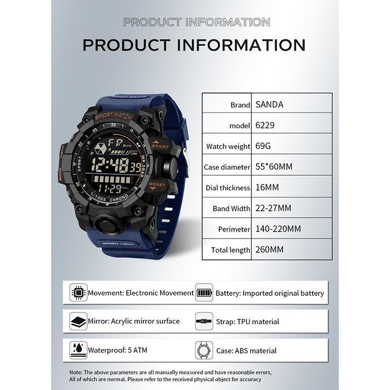 SANDA Jam Tangan Elektronik Pria Mewah Jam Tangan Chronograph Kalender Bercahaya LED Tahan Air Multi