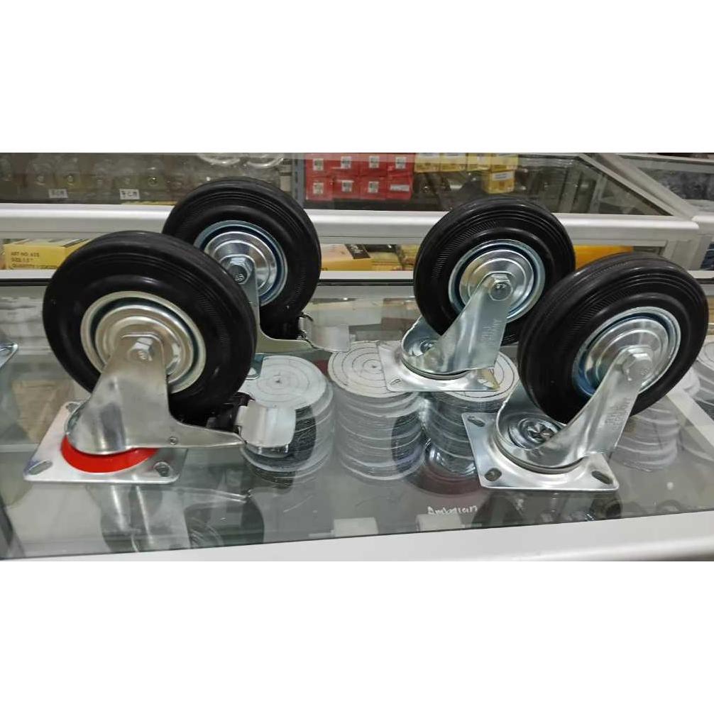 Roda troli Karet 5 inch troly kastor 1 Set 4pcs( 2Hidup Rem 2 Hidup ) roda 5" Roda Troli