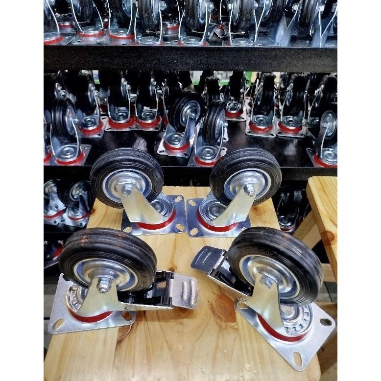 RKS - Roda 4" inch Karet 1set ( 4pcs ) ( 2 Hidup + 2 Rem ) Roda troli Gerobak 4 inchi Roda Troli